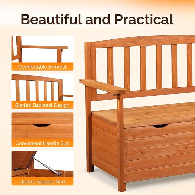VINGLI Outdoor Storage Bench, Large Wood Deck Box with Seating, Weatherproof Outdoor Bench with Storage Loveseat, 2-Person Wooden Patio Bench for Entryway, Backyard, Garden - Image 4