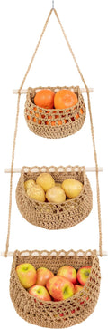 Cotton Hanging Fruit Basket, 3 Tier Woven Wall Basket, Hanging storage baskets by JmzEHome