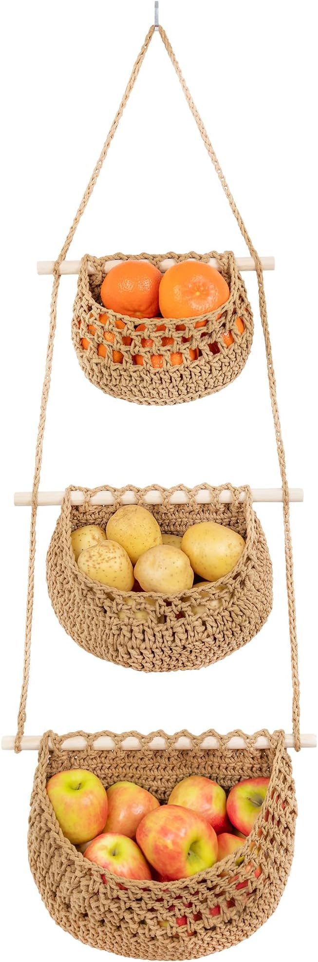 Cotton Hanging Fruit Basket, 3 Tier Woven Wall Basket, Hanging storage baskets by JmzEHome