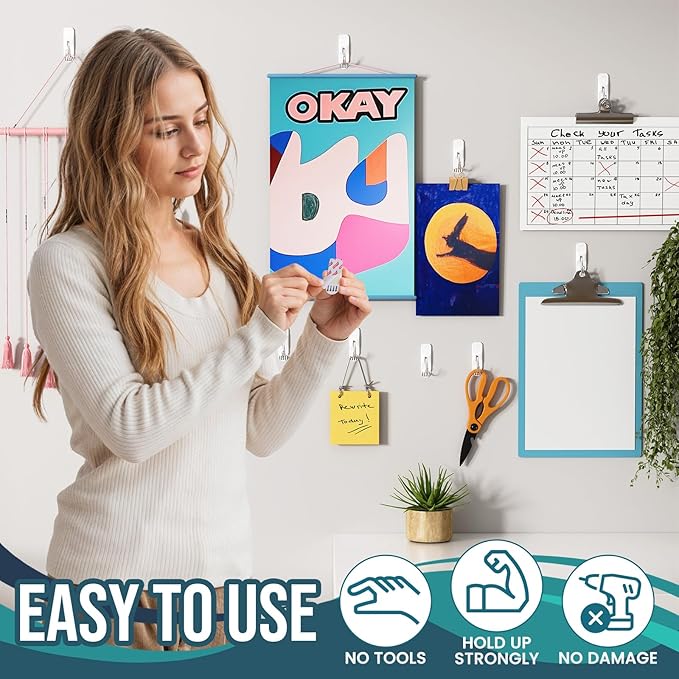 TAILI Hooks for Hanging, 10 Small Sticky Hooks and 12 Adhesive Strips, No - Image 6