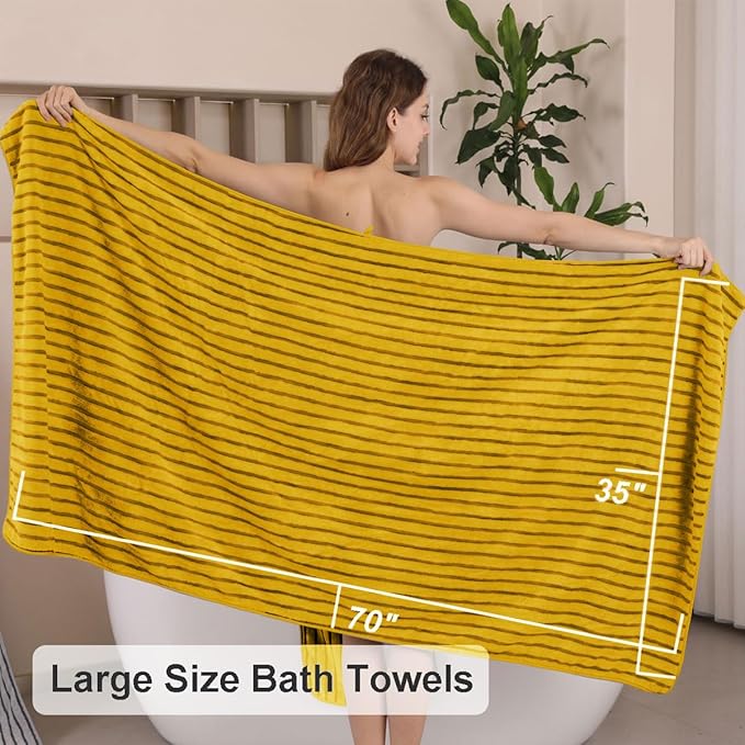 8 Pcs Yellow Cabana Stripe Polyester Bath Towel Set Oversize Bath Sheet-2 - Image 3