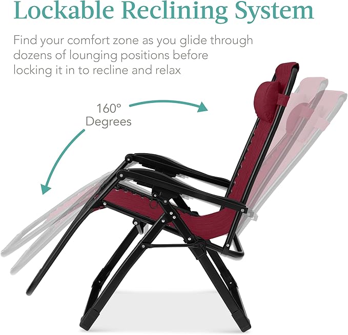 Best Choice Products Oversized Zero Gravity Chair, Folding Outdoor Patio Recliner, XL Anti Gravity Lounger w/Removable Cushion, Cup Holder, Side Tray, 350lb Capacity - Burgundy - Image 6