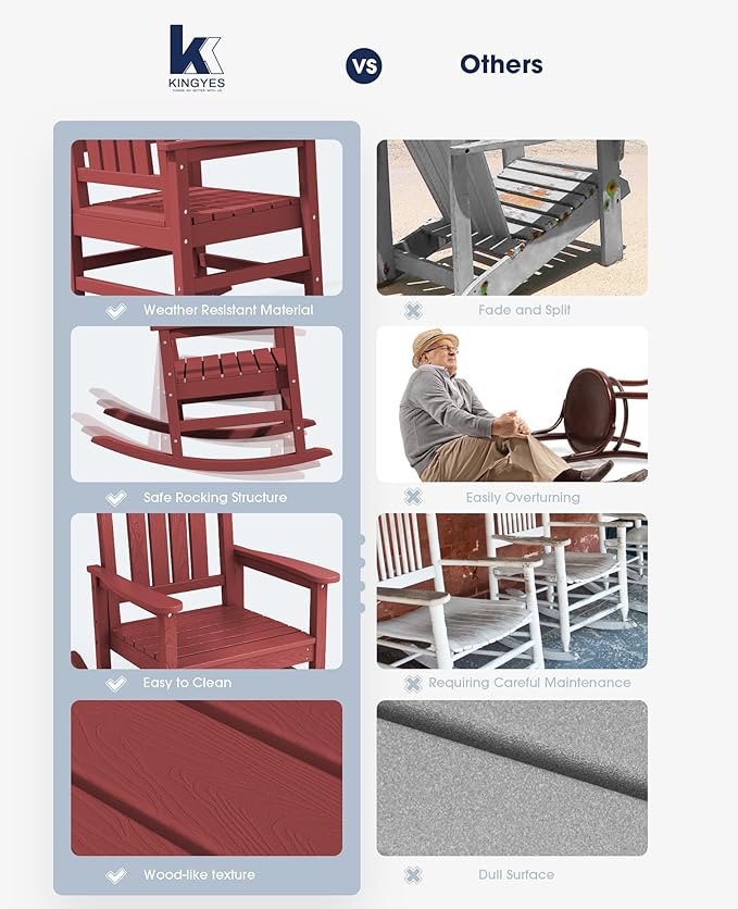 KINGYES Outdoor Rocking Chair Set of 2, High Density Polyethylene Patio Rocking Chairs with 330lbs Support for Adults, Dark Red - Image 6