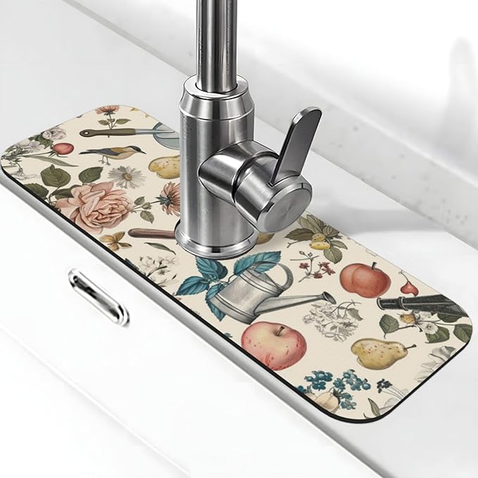 Faucet Draining Mat For Kitchen Sink, Roses Daisies Fruits Garden Diatom Mud by indokyeyqaz