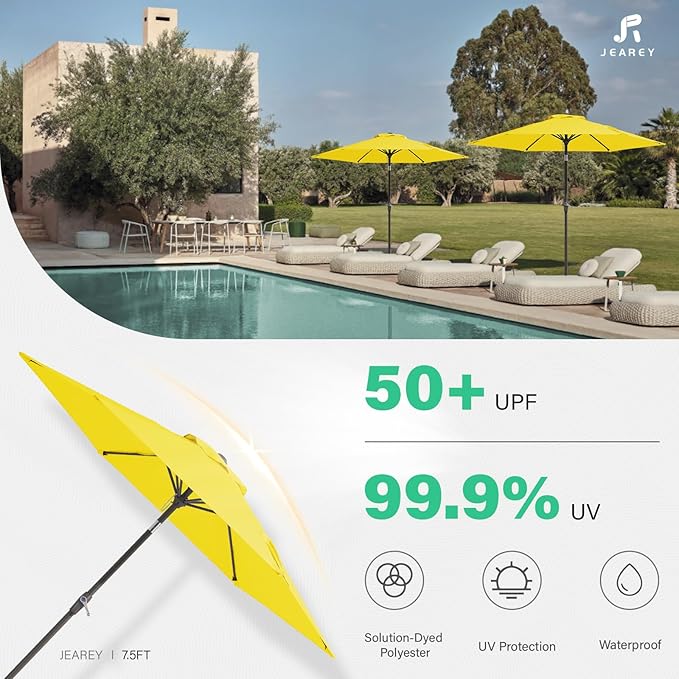 JEAREY 7.5FT Patio Umbrella Market Table Umbrella with 6 Sturdy Ribs, Push Button Tilt/Crank Outdoor Umbrella for Garden, Deck, Backyard, Pool and Beach,Yellow - Image 3