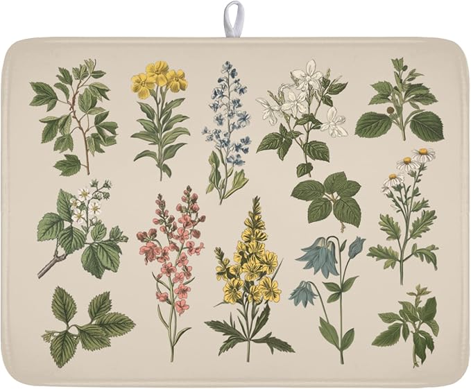 Vintage Plants Herbs Floral Dish Drying Mat by Kawani
