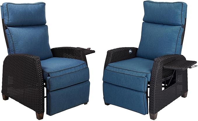 Grand patio Outdoor Reclining Chairs with Extended Footrest 2-Piece Adjustable Patio Wicker Lounge Recliner up to 150° with Flip Side Table Peacock Blue - Image 9