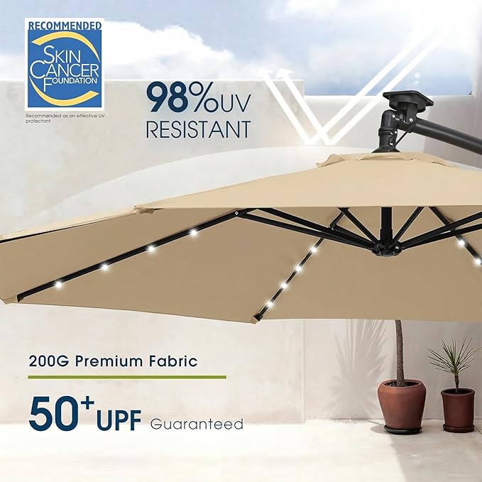 wikiwiki 10ft Solar LED Patio Umbrella with Base Included, Offset Umbrella with Weighted Sandbag Base, Cantilever Patio Umbrellas for Backyard, Garden & Deck, 32 LED Lights & Polyester Shade, Tan - Image 4