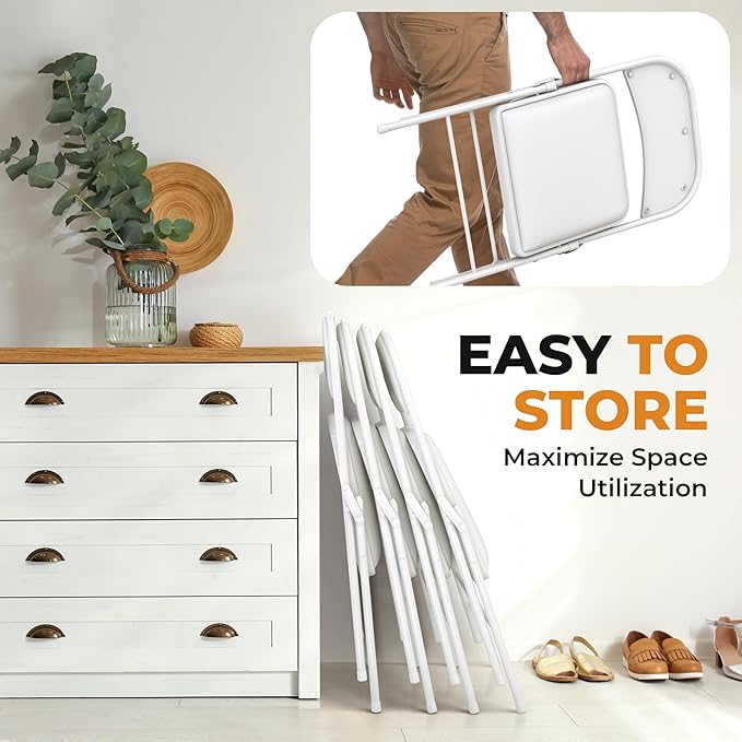 8 Pack Leather Chair | Foldable & Stackable | 350 lbs Capacity Steel Frame Seats for Indoor or Outdoor | Commercial Use Events Wedding Party Events Bulk Picnic Kitchen Dining - White - Image 6