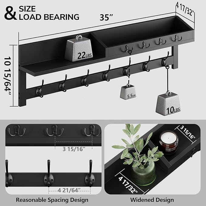 AMBIRD 35 inch Wall Hooks with Shelf, Coat Rack Wall Mount, Large Coat Hanger - Image 5