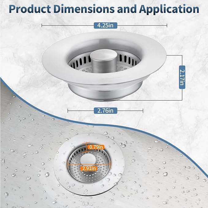 Kitchen Sink Drain Strainer, Stainless Steel 3-in-1 Pop-up Sink Stopper - Image 2