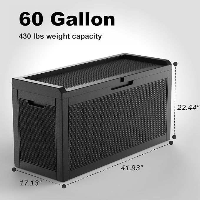 DRATO 60 Gallon Deck Box, Waterproof Resin Large Outdoor Storgae Box for Patio Furniture, Patio Cushions, Gardening Tools, Pool Supplies, Lockable（Black，60 Gallon） - Image 2