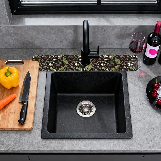 2 Pcs Kitchen Sink Splash Guard Faucet Mats Vintage Fern and Berries Pattern - Image 3