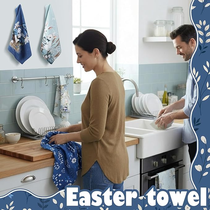Breling Set of 6 Easter Decorations Easter Kitchen Towels Blue Rabbits Bunny - Image 6