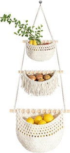 3 Tier Hanging Fruit Basket, Jute Wall Baskets, Hanging Produce Baskets by Wymulot