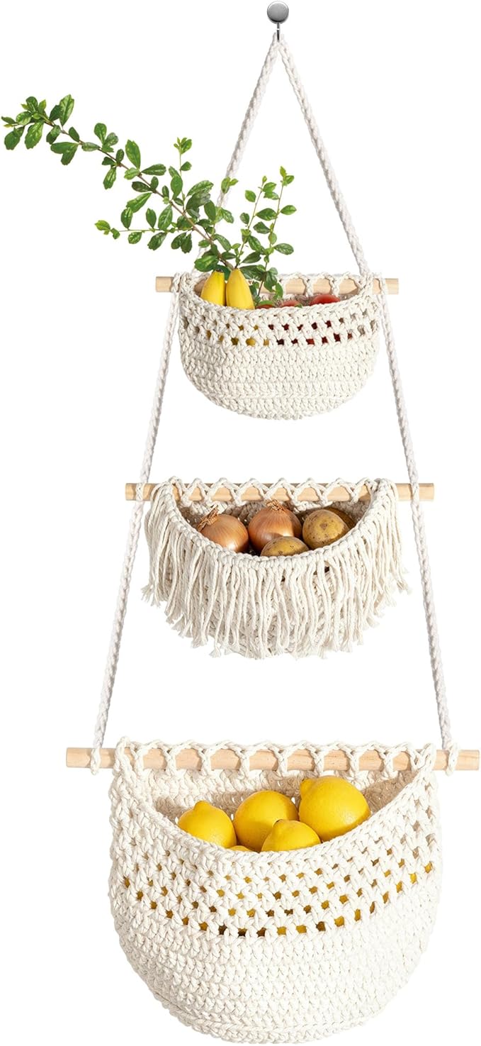 3 Tier Hanging Fruit Basket, Jute Wall Baskets, Hanging Produce Baskets by Wymulot