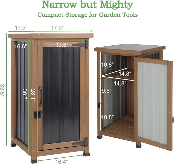 Small Outdoor Storage Cabinet Waterproof with Metal Top, Wood & Metal Outside Potting Bench Table Tool Organizer with Adjustable Shelf for Patio Backyard Garden - Image 3