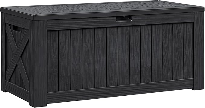 Flamaker Resin Deck Box 120 Gallon Waterproof Large Outdoor Indoor Storage Box Imitation Wood Resin for Patio Furniture Garden Tools and Pool (Black) by Flamaker