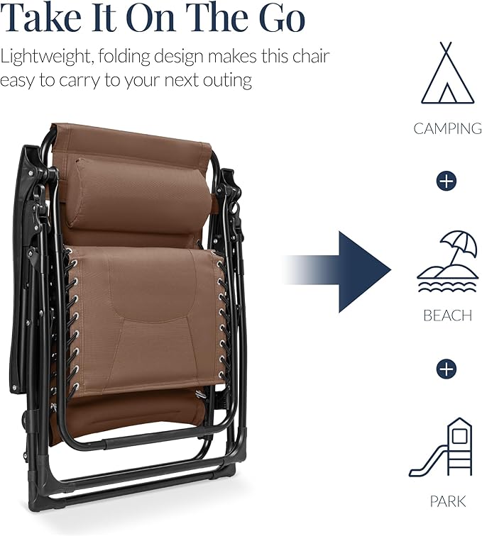 Best Choice Products Oversized Padded Zero Gravity Chair, Folding Outdoor Patio Recliner, XL Anti Gravity Lounger for Backyard w/Headrest, Cup Holder, Side Tray, Polyester Mesh - Dark Brown - Image 5
