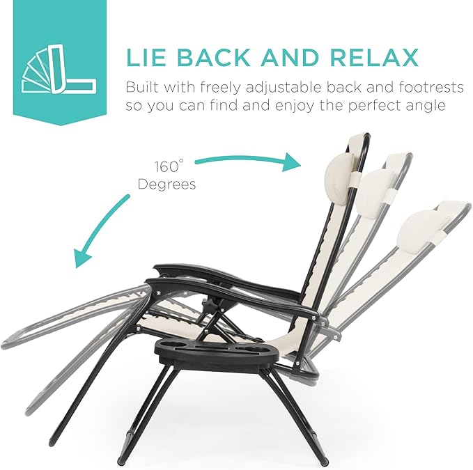 Best Choice Products Set of 2 Adjustable Steel Mesh Zero Gravity Lounge Chair Recliners w/Pillows and Cup Holder Trays - Ivory - Image 3
