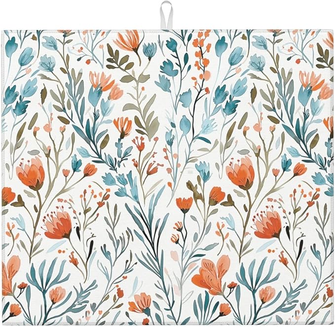 Teal and Orange Floral Dish Drying Mat by Unknown