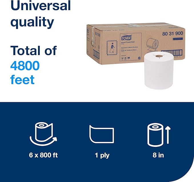 Tork Paper Hand Towel Roll White H80, 100% Recycled Fiber, 6 Rolls x 800 ft - Image 2