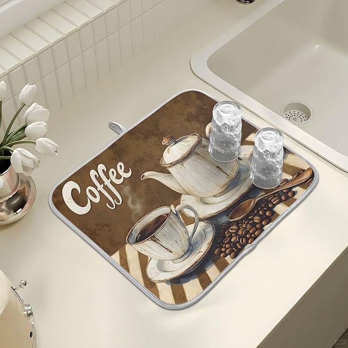 Coffee Themed Dish Drying Mat for Kitchen Counter Absorbent Microfiber Small - Image 7