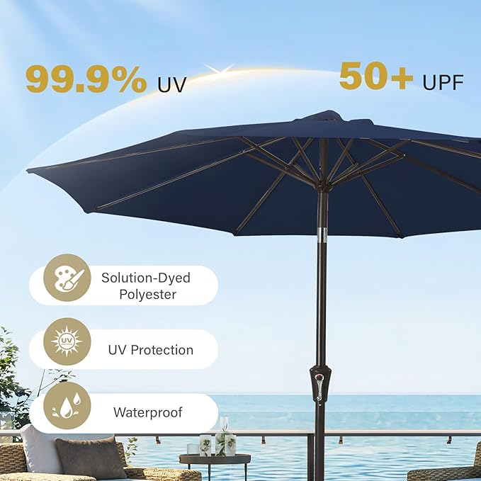 MEWAY 9ft Patio Umbrella Outdoor Table Umbrellas with Push Button Tilt and Crank, Market Umbrella 8 Sturdy Ribs for Deck, Garden, Pool and Backyard, Dark Blue - Image 5