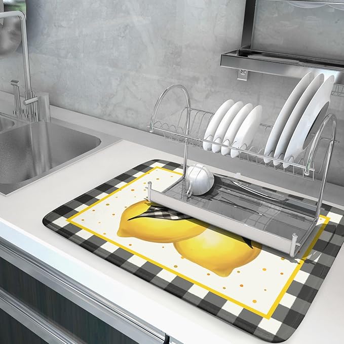 Lemon Dish Drying Mat for Kitchen Counter Spring Summer Black White buffalo - Image 5
