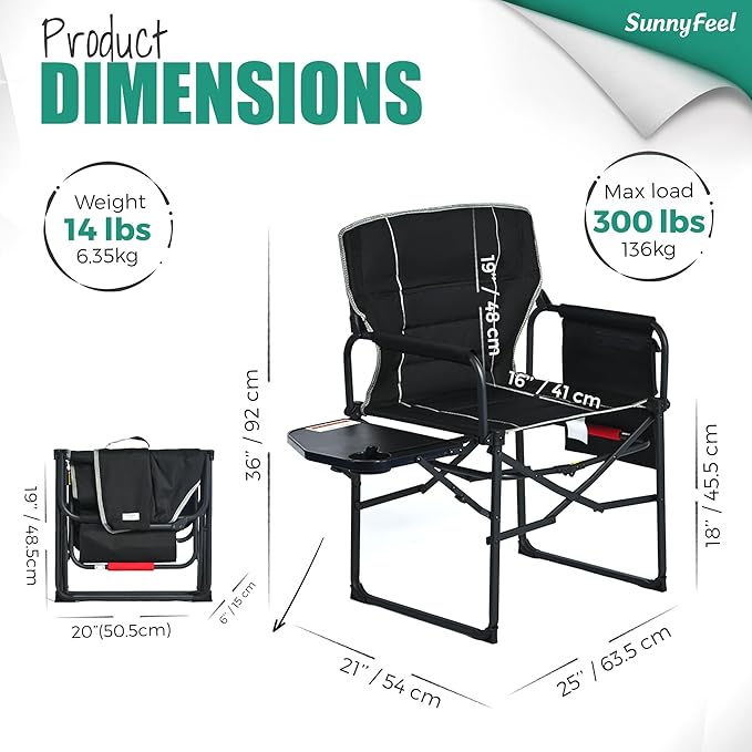 SUNNYFEEL Camping Directors Chair, Heavy Duty,Oversized Portable Folding Chair with Side Table, Pocket for Beach, Fishing,Trip,Picnic,Lawn,Concert Outdoor Foldable Camp Chairs - Image 2