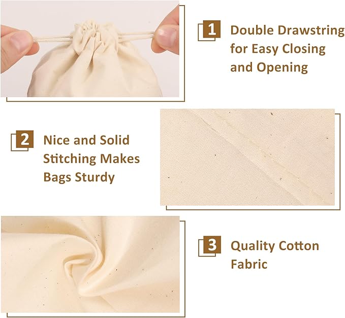 10PCS Cotton Storage Bags with Drawstrings, X-Large 14x17inch Multipurpose - Image 3