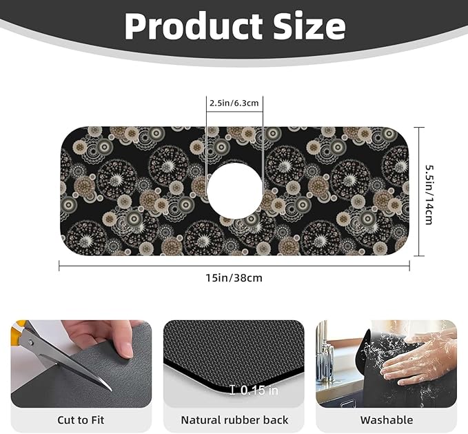 Paisley Mandala Brown And Black Floral Kitchen Sink Splash Guard Faucet Mat - Image 2