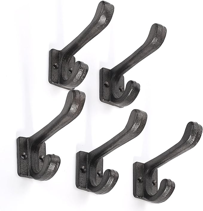 Ambipolar 5 Pack Decorative Cast Iron Heavy Duty Double Hooks, Wall Mounted - Image 3