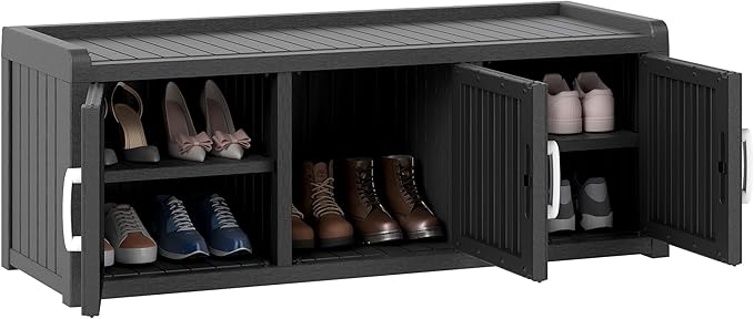 2-Tier Storage Bench, Waterproof UV-Resistant Outdoor Shoe Storage Cabinet with 3 Doors & Adjustable Shelves for Indoor Outdoor Entryway, Hallway, Living Room (Black) by NBYSGO