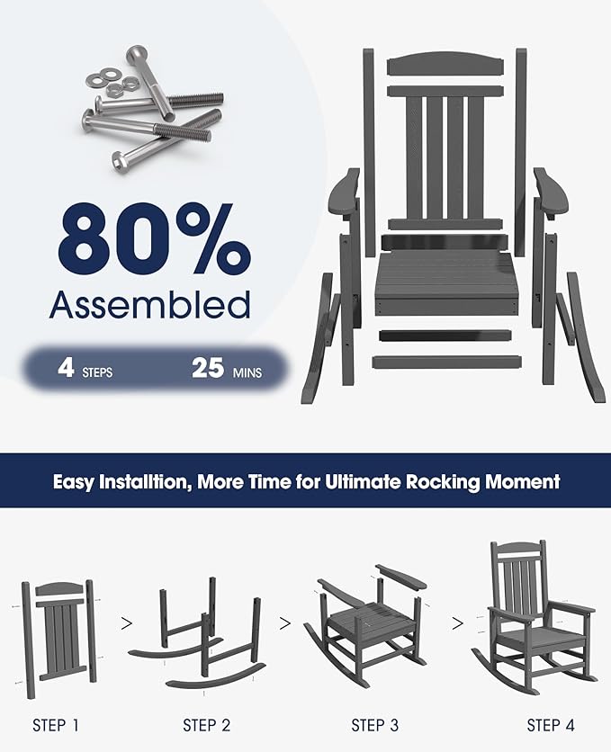 KINGYES Oversized Outdoor Rocking Chair Set of 4, High Density Polyethylene Patio Rocking Chairs with 330lbs Support for Adults, Gray - Image 8