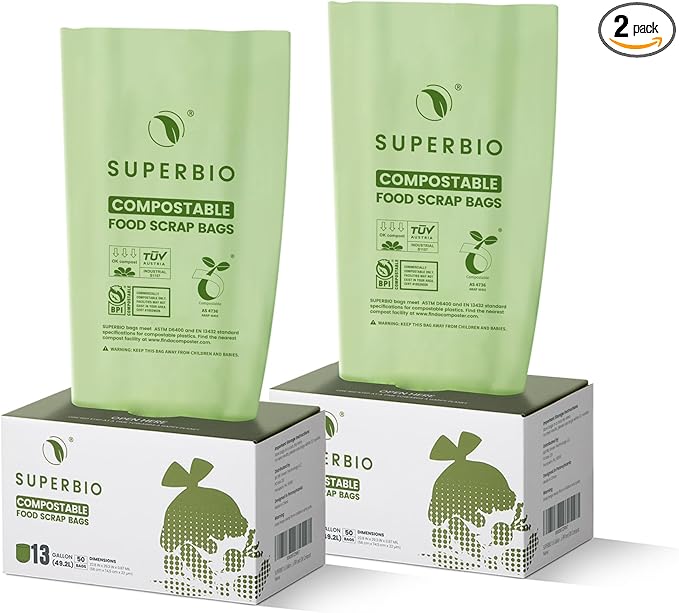 SUPERBIO 13 Gallon Flat Top Compostable Food Waste Bags, 2 Pack, 0.87 Mil by SUPERBIOCOMPOSTABLEBAGS