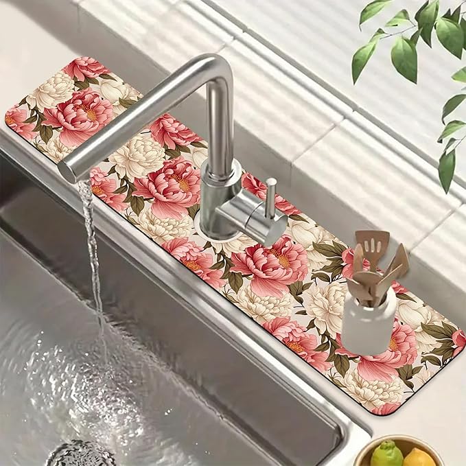 Beautiful Peony Sink Faucet Absorbing Mat Bright Peonies Super Absorbent Fast by Unknown