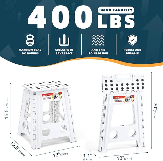 ACSTEP Folding Step Stool 16 Inch Heavy Duty Step Stool Foldable for Adults and Kids, Collapsible Stepping Stool with Handle, Non Slip Folding Stools for Kitchen Hold Up to 400lbs (White 1PC) - Image 2