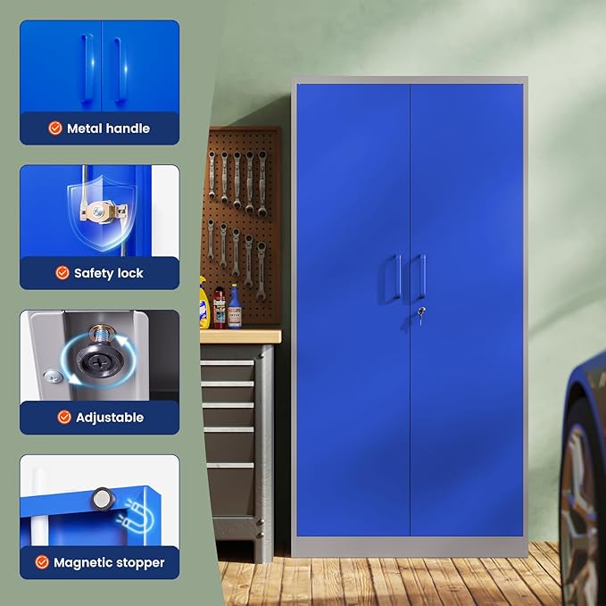 Yizosh Metal Garage Storage Cabinet with 2 Doors and 5 Adjustable Shelves - 71" Steel Lockable File Cabinet,Locking Tool Cabinets for Office,Home,Garage,Gym,School (Gray Blue) - Image 4
