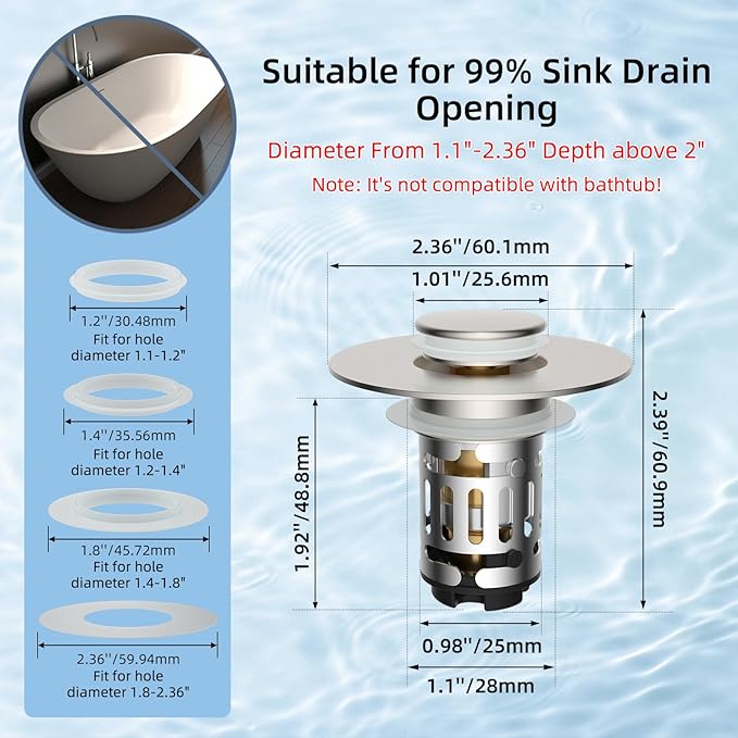 Hibbent Upgraded 3 in 1 Bathroom Sink Drain Strainer, Universal Pop Up Stopper - Image 8