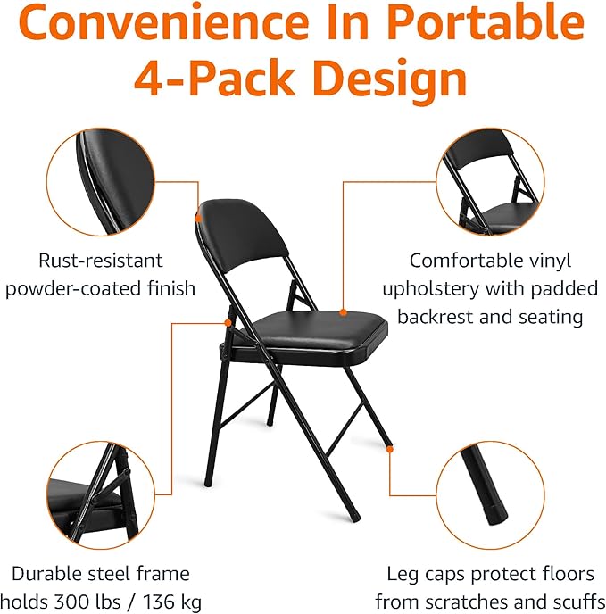 Amazon Basics Comfortable Vinyl-Padded Metal Steel Folding Chairs for Events, Easy to Fold and Store, Black, 4-Pack - Image 7