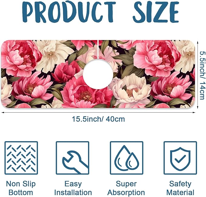 Garden Flowers Sink Splash Guard Faucet Mat Watercolor Peonies Super Absorbent - Image 2