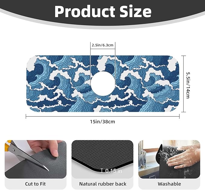 The Great Wave Off Kanagawa Japanese Blue White Kitchen Sink Splash Guard - Image 2