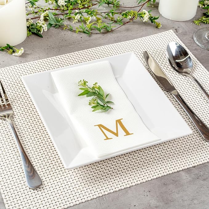 Restaurantware Napkins Pack of 300 Gold Letter M Linen-Feel Paper Disposable - Image 3