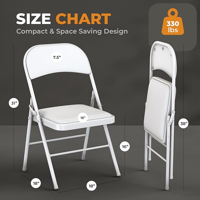 4 Pack Leather Chair | Foldable & Stackable | 350 lbs Capacity Steel Frame Seats for Indoor or Outdoor | Commercial Use Events Wedding Party Events Bulk Picnic Kitchen Dining - White - Image 3