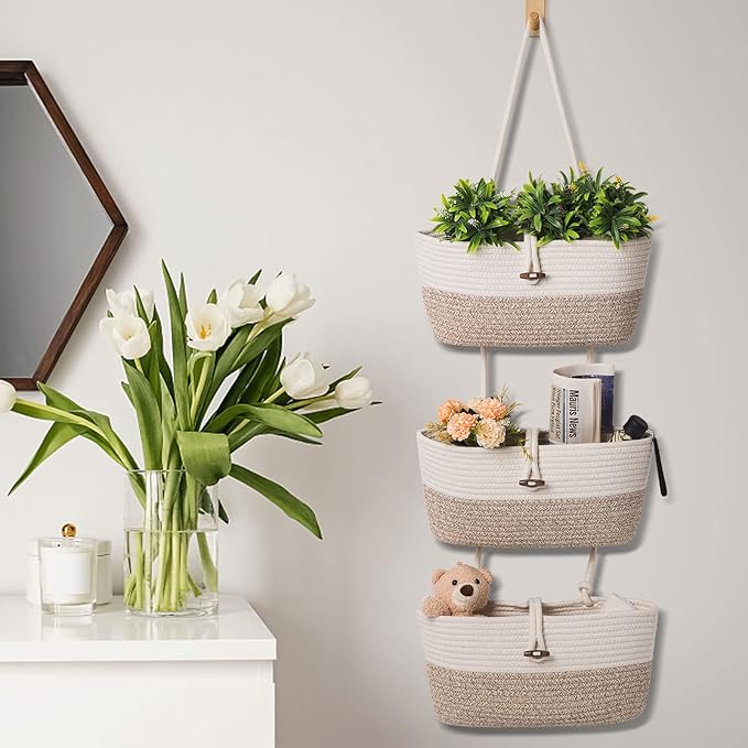 Over the Door Basket Cotton Rope Organizer, 3-Tier Wall Hanging Storage Basket - Image 5