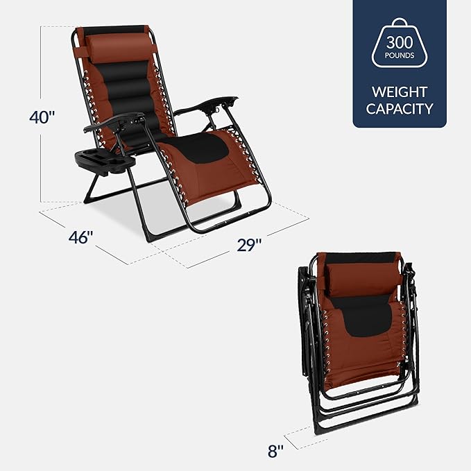 Best Choice Products Oversized Padded Zero Gravity Chair, Folding Outdoor Patio Recliner, XL Anti Gravity Lounger for Backyard w/Headrest, Cup Holder, Side Tray, Polyester Mesh - Rust/Black - Image 3