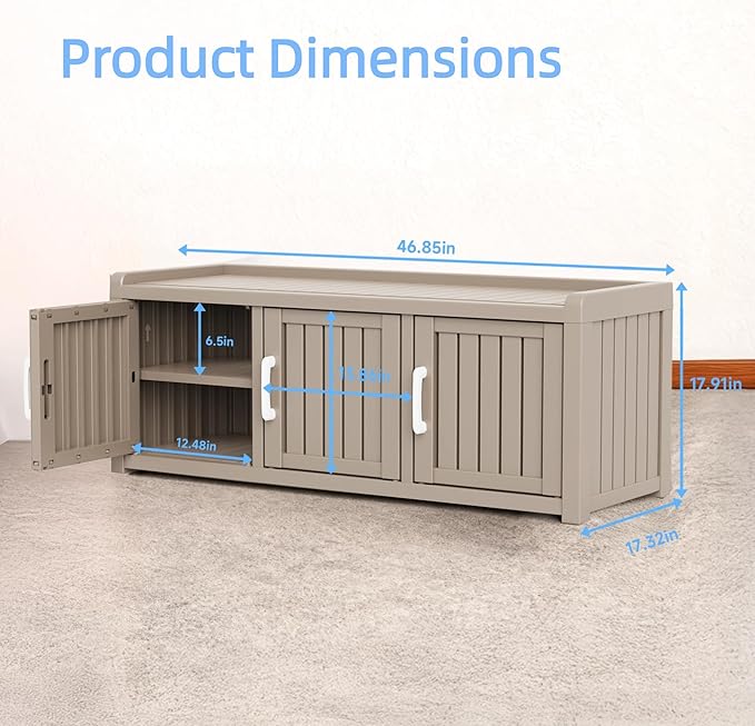 3 Doors Shoe Bench, Waterproof & UV-Resistant, Resin Shoe Cabinet Indoor & Outdoor Use, Entryway Bench with Adjustable Shelves & Hidden Storage Space for Bedroom, Hallway, Grey - Image 3