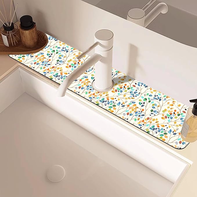 Abstract Watercolor Leaves Sink Faucet Absorbing Mat Sink Splash Guard Faucet - Image 2