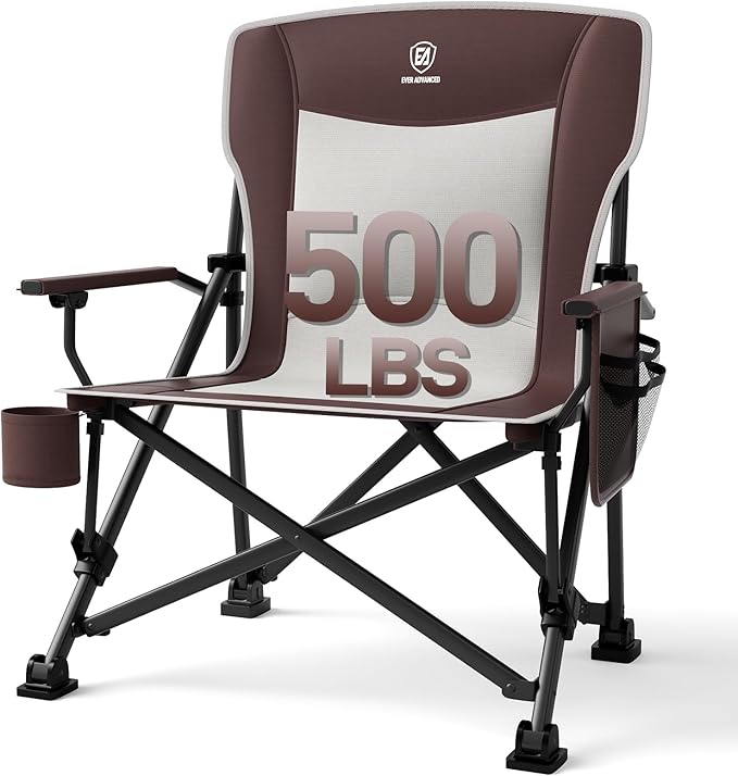 EVER ADVANCED Oversized Folding Camping Chair, for Adults Heavy Duty Lawn Chair with Side Pockets, Portable Collapsible Quad Chair for Outside, Support Up to 500lbs, Red by EVERADVANCED